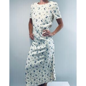 1990s Vintage Talbots Maxi Dress Breezy Cream Blue Floral Short Sleeve Size 4 JL